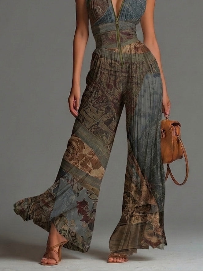 Camille | Boho Print Pleated Flowy Jumpsuit