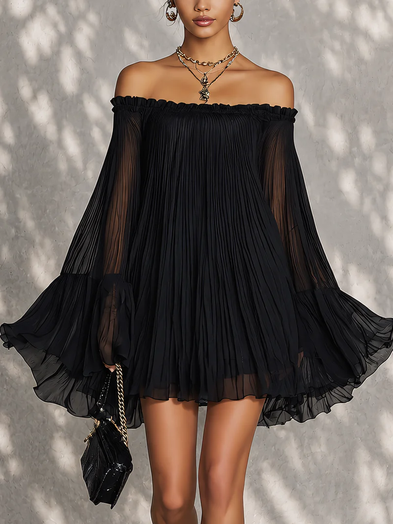 Zélie | Black Bell-Sleeve Ruffle Mini Dress