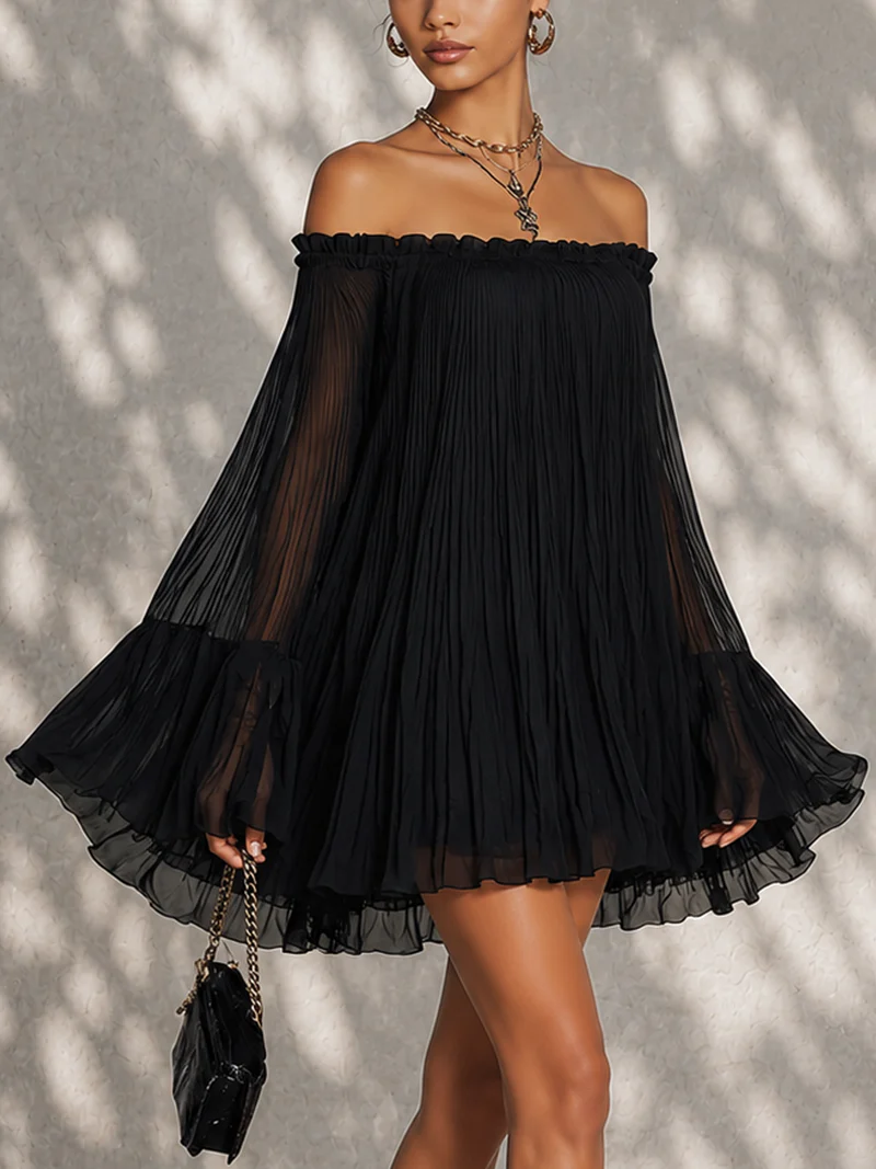 Zélie | Black Bell-Sleeve Ruffle Mini Dress