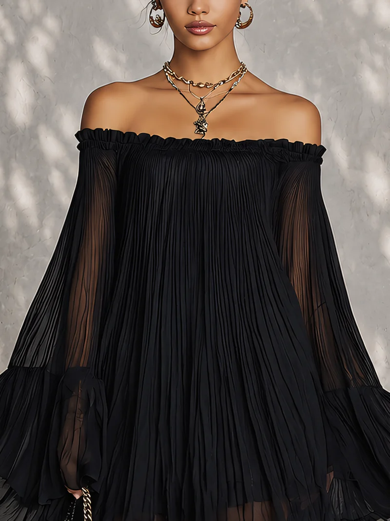 Zélie | Black Bell-Sleeve Ruffle Mini Dress