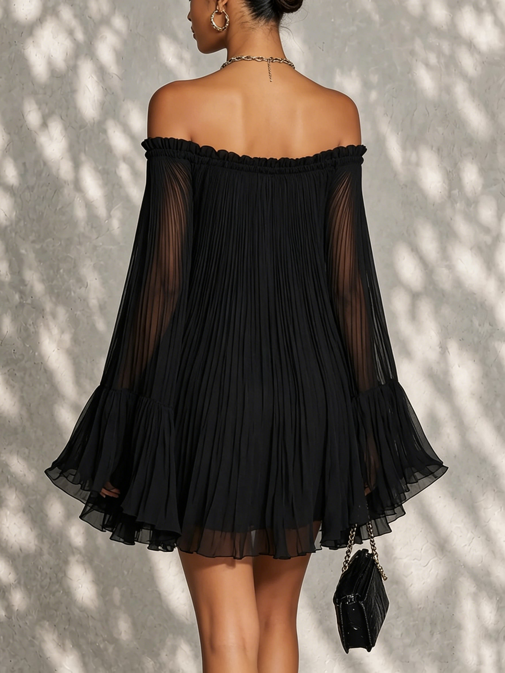 Zélie | Black Bell-Sleeve Ruffle Mini Dress