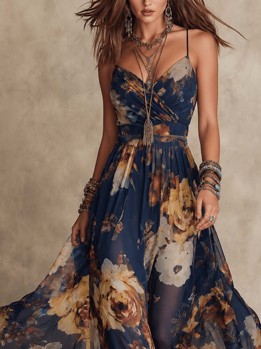 Adriana | Abito Maxi in Chiffon Blu Navy con Stampa Floreale e Spalline Sottile