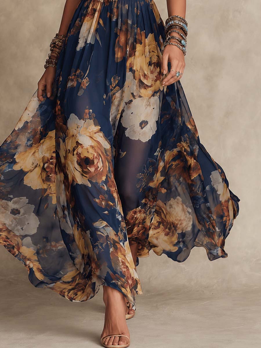 Adriana | Abito Maxi in Chiffon Blu Navy con Stampa Floreale e Spalline Sottile