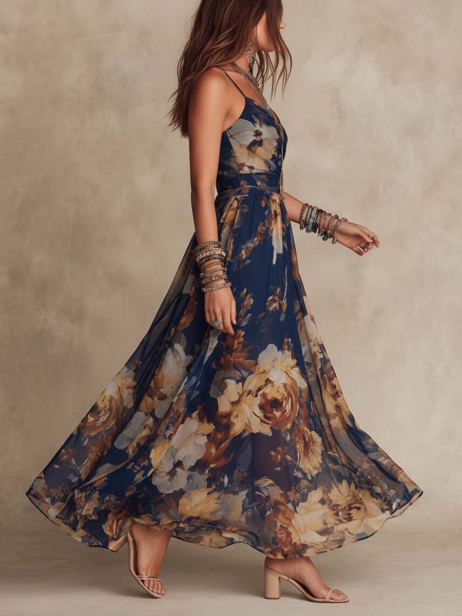 Adriana | Abito Maxi in Chiffon Blu Navy con Stampa Floreale e Spalline Sottile