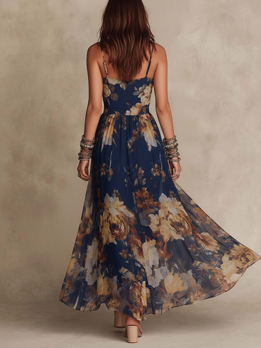 Adriana | Abito Maxi in Chiffon Blu Navy con Stampa Floreale e Spalline Sottile