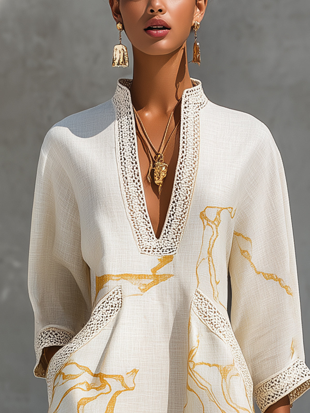 Ivoire | Viscose Mini Dress, Ivory Gold Print