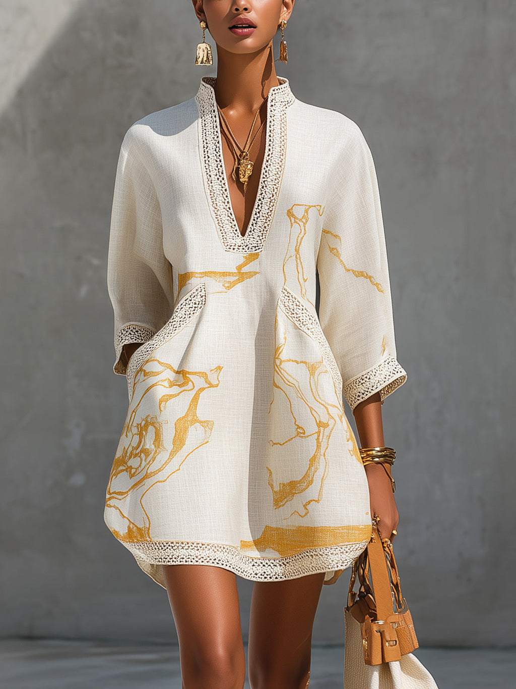 Ivoire | Viscose Mini Dress, Ivory Gold Print