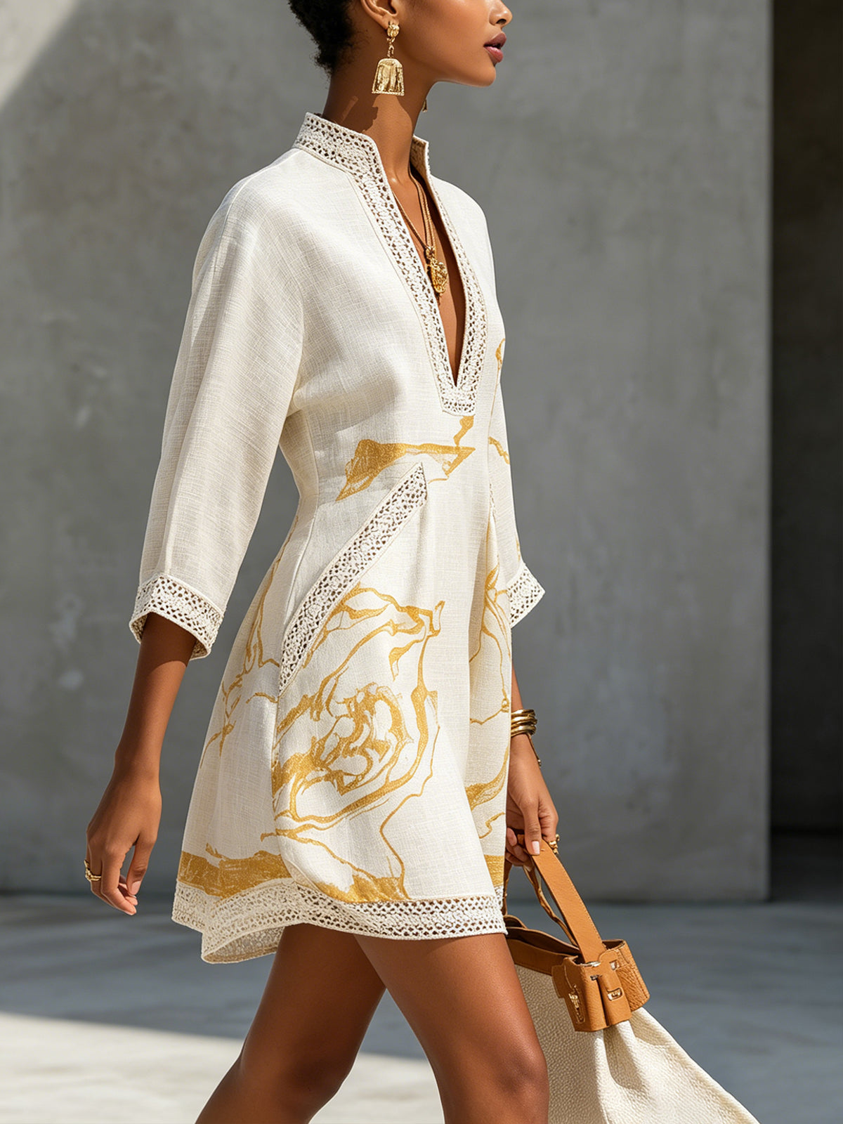 Ivoire | Viscose Mini Dress, Ivory Gold Print