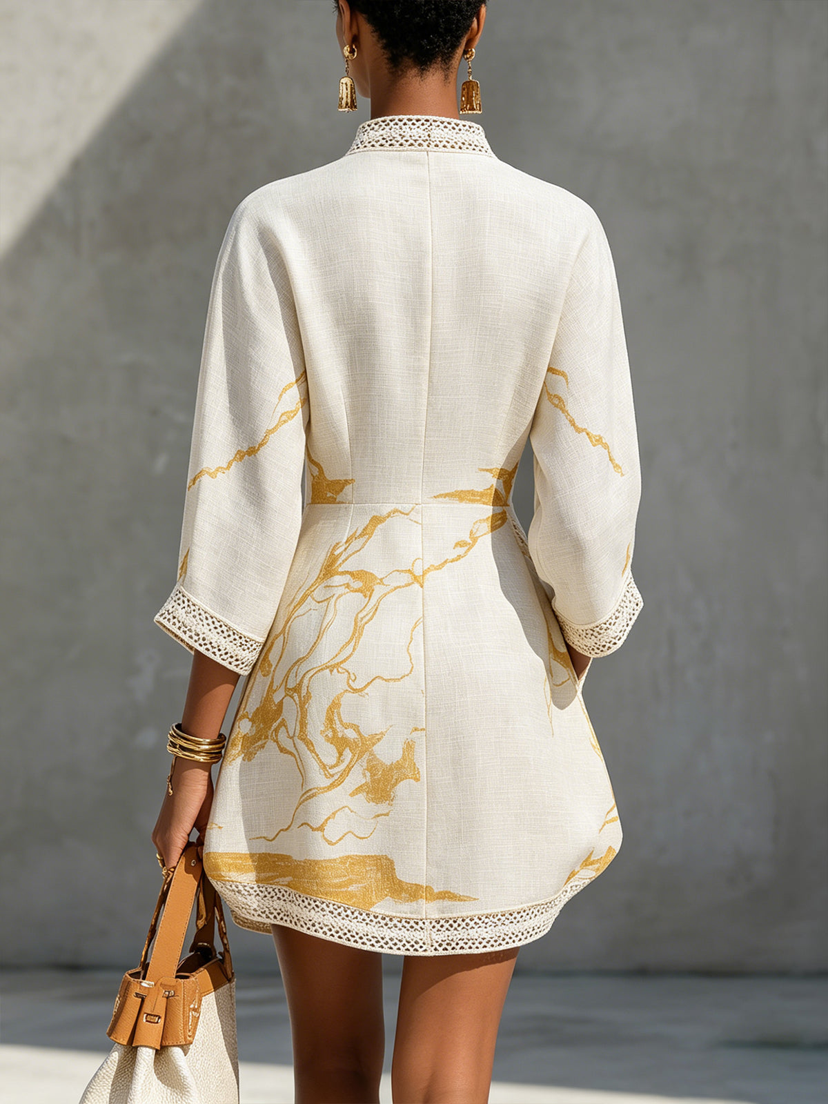 Ivoire | Viscose Mini Dress, Ivory Gold Print