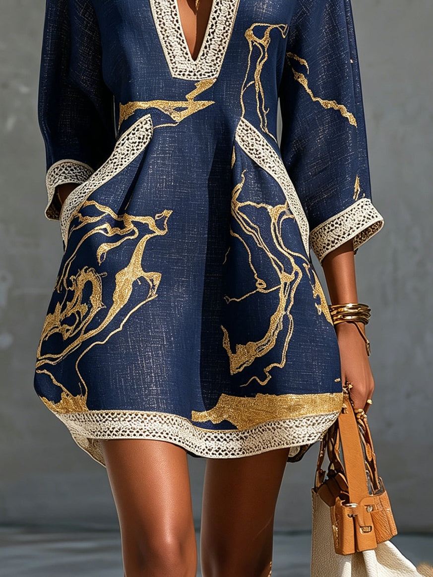 Astrée | V-Neck Mini Dress, Navy Gold Print