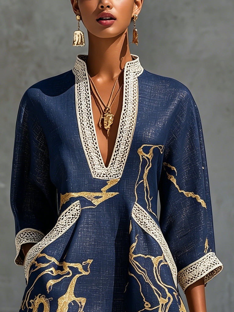 Astrée | V-Neck Mini Dress, Navy Gold Print