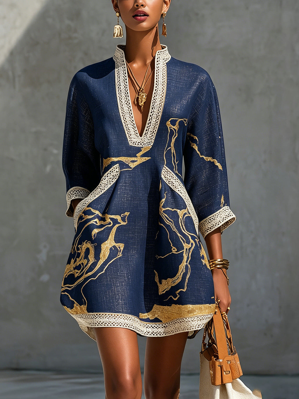 Astrée | V-Neck Mini Dress, Navy Gold Print