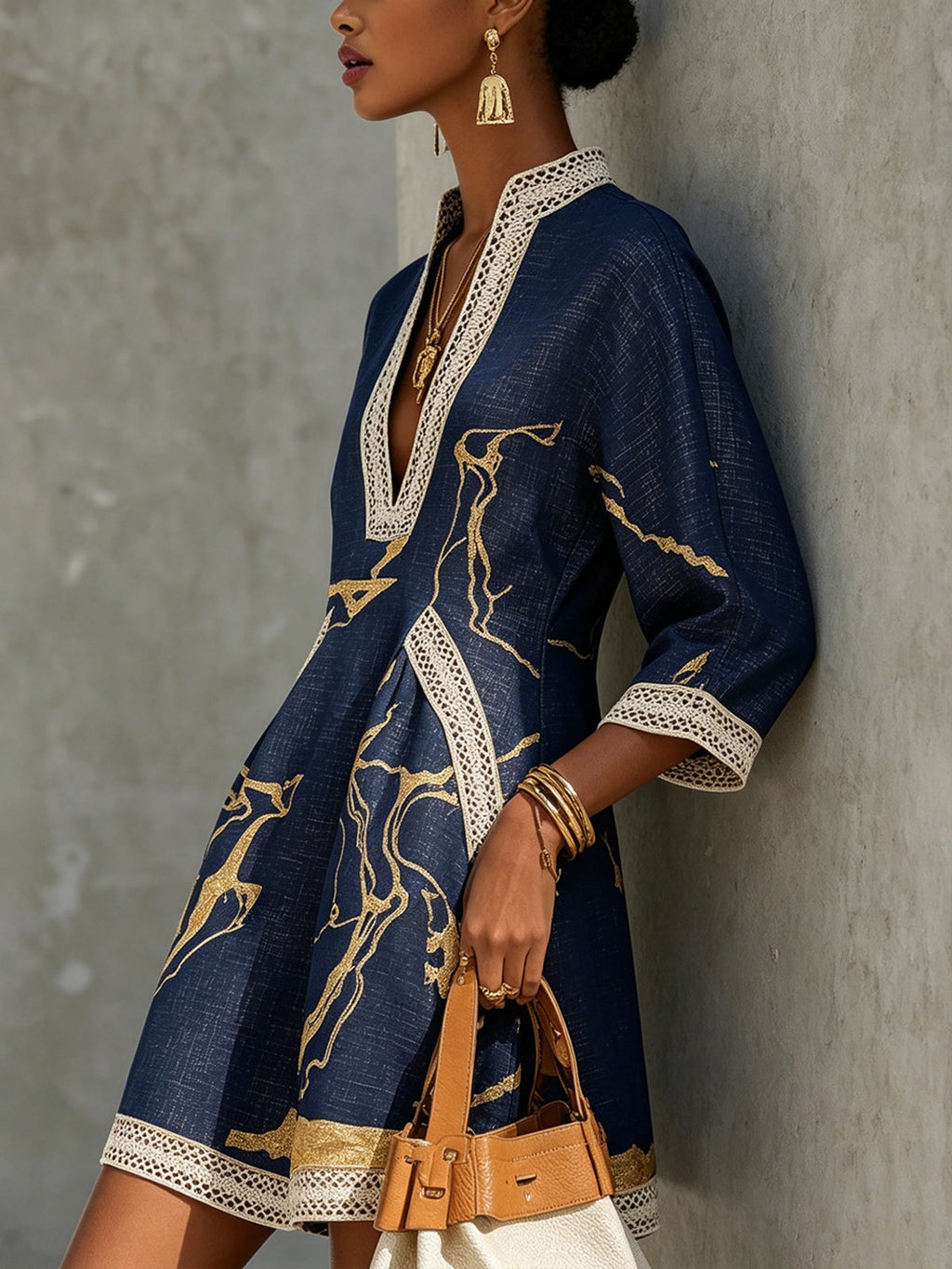 Astrée | V-Neck Mini Dress, Navy Gold Print