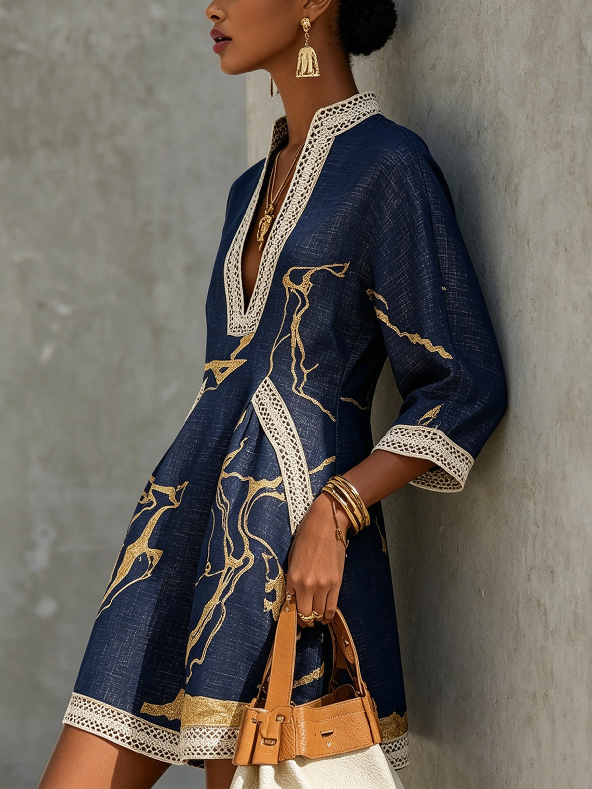 Astrée | V-Neck Mini Dress, Navy Gold Print