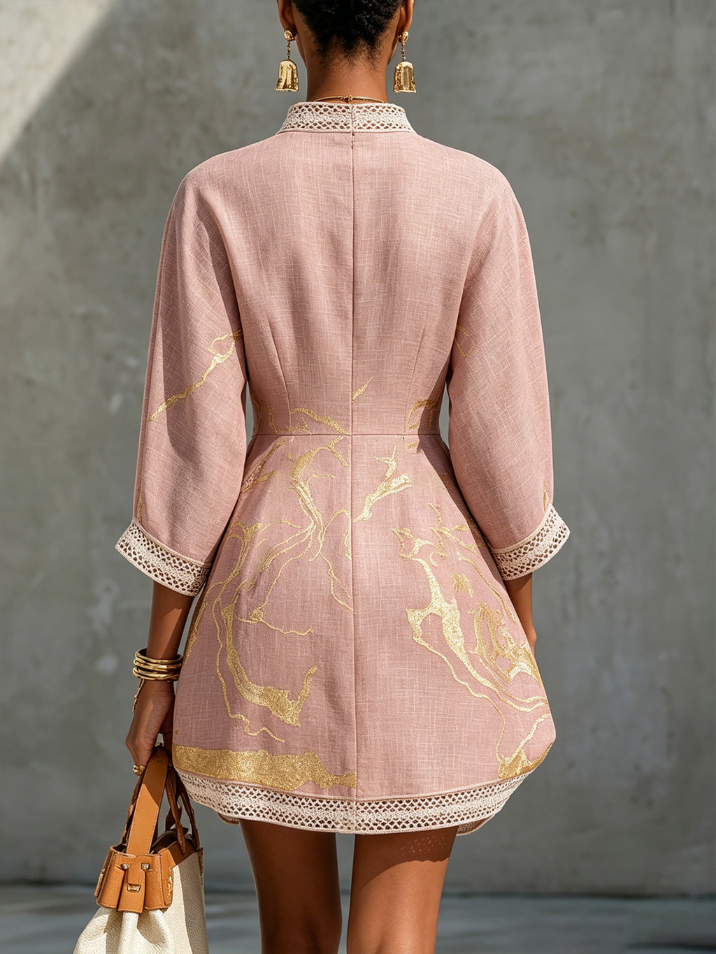 Aurore | V-Neck Mini Dress, Pink Gold Print