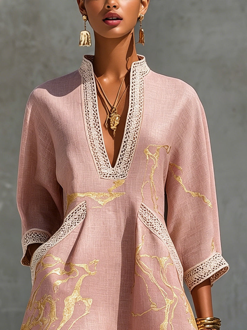 Aurore | V-Neck Mini Dress, Pink Gold Print