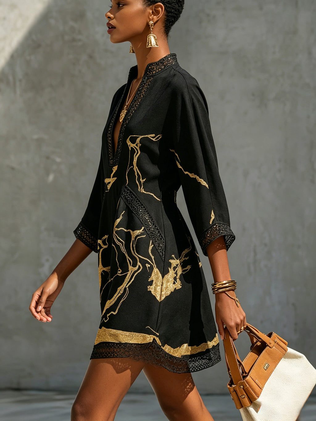 Ébène | V-Neck Mini Dress, Black and Gold Print