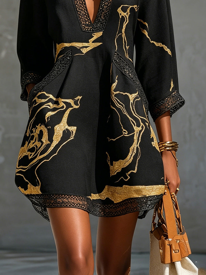 Ébène | V-Neck Mini Dress, Black and Gold Print