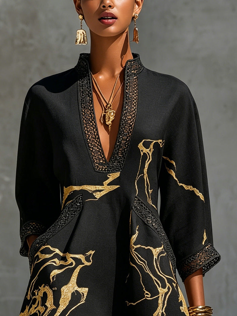 Ébène | V-Neck Mini Dress, Black and Gold Print