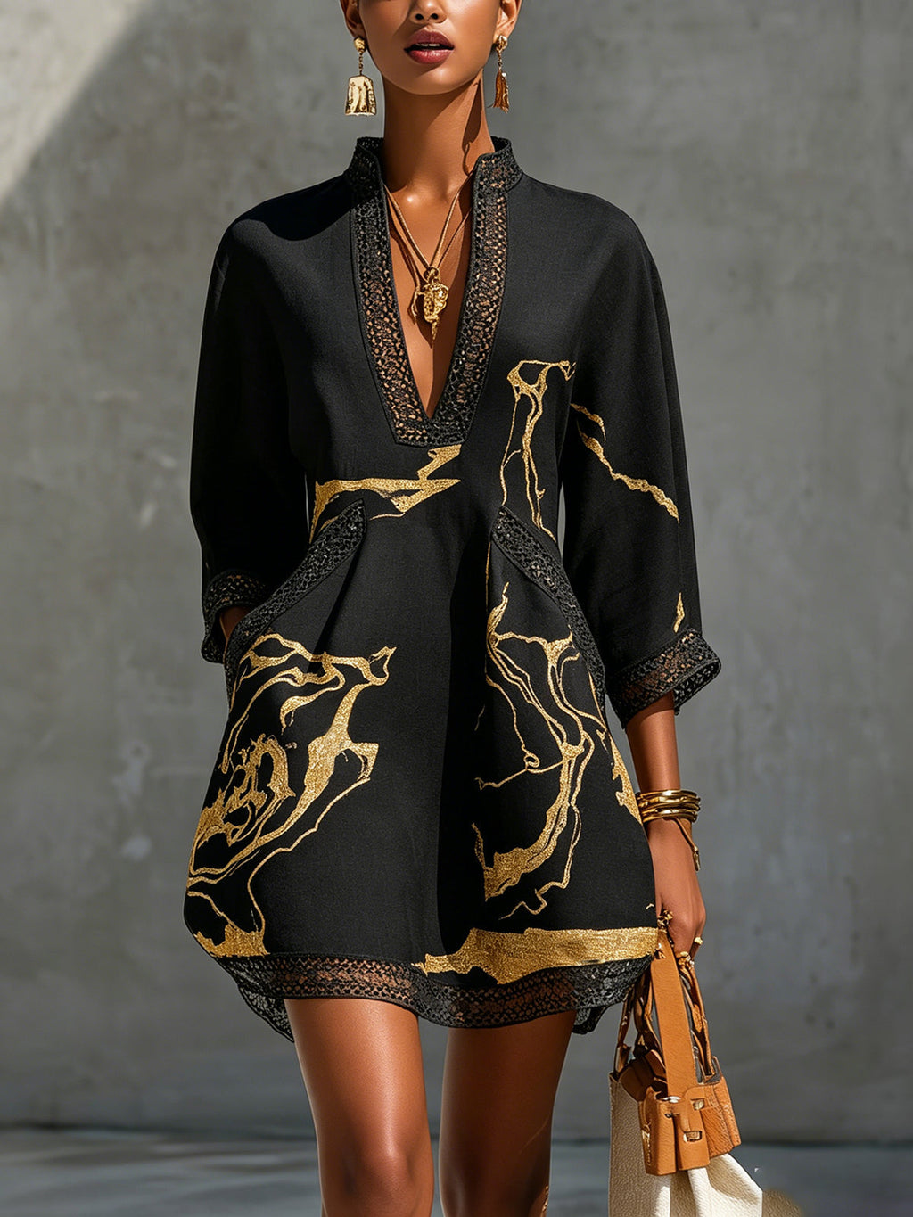 Ébène | V-Neck Mini Dress, Black and Gold Print