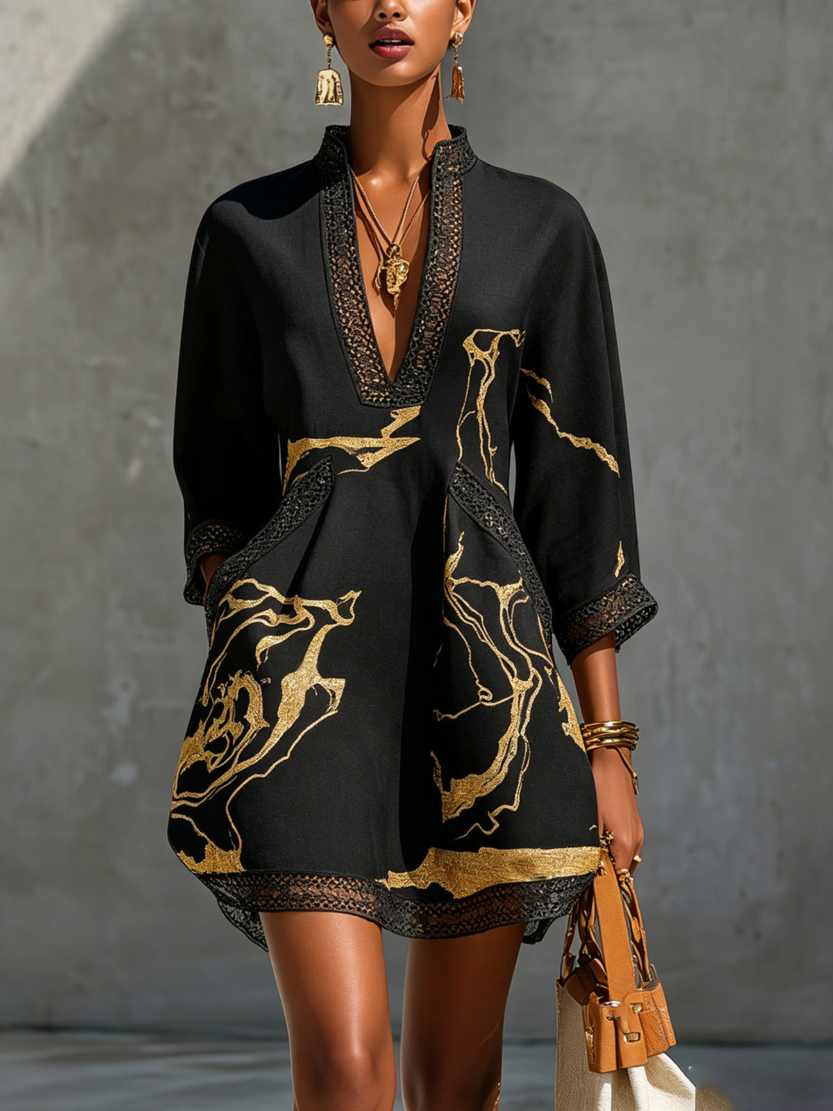 Ébène | V-Neck Mini Dress, Black and Gold Print