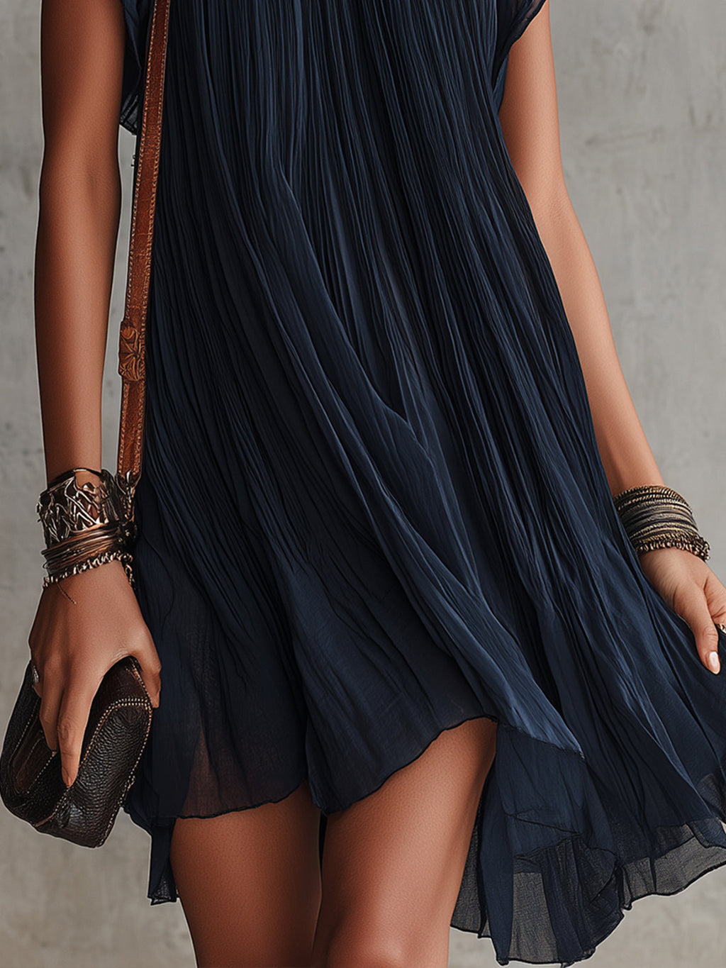 Apolline | Navy Floral-Embroidered Pleated Chiffon Mini Dress