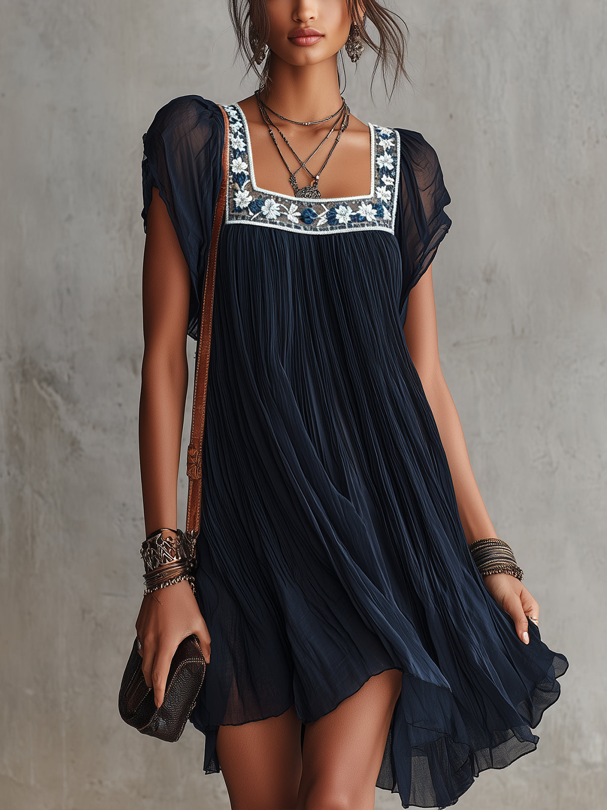 Apolline | Navy Floral-Embroidered Pleated Chiffon Mini Dress
