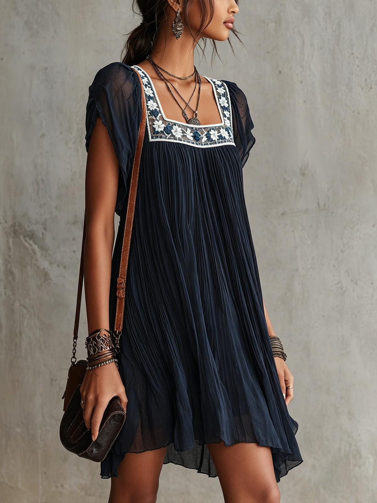 Apolline | Navy Floral-Embroidered Pleated Chiffon Mini Dress