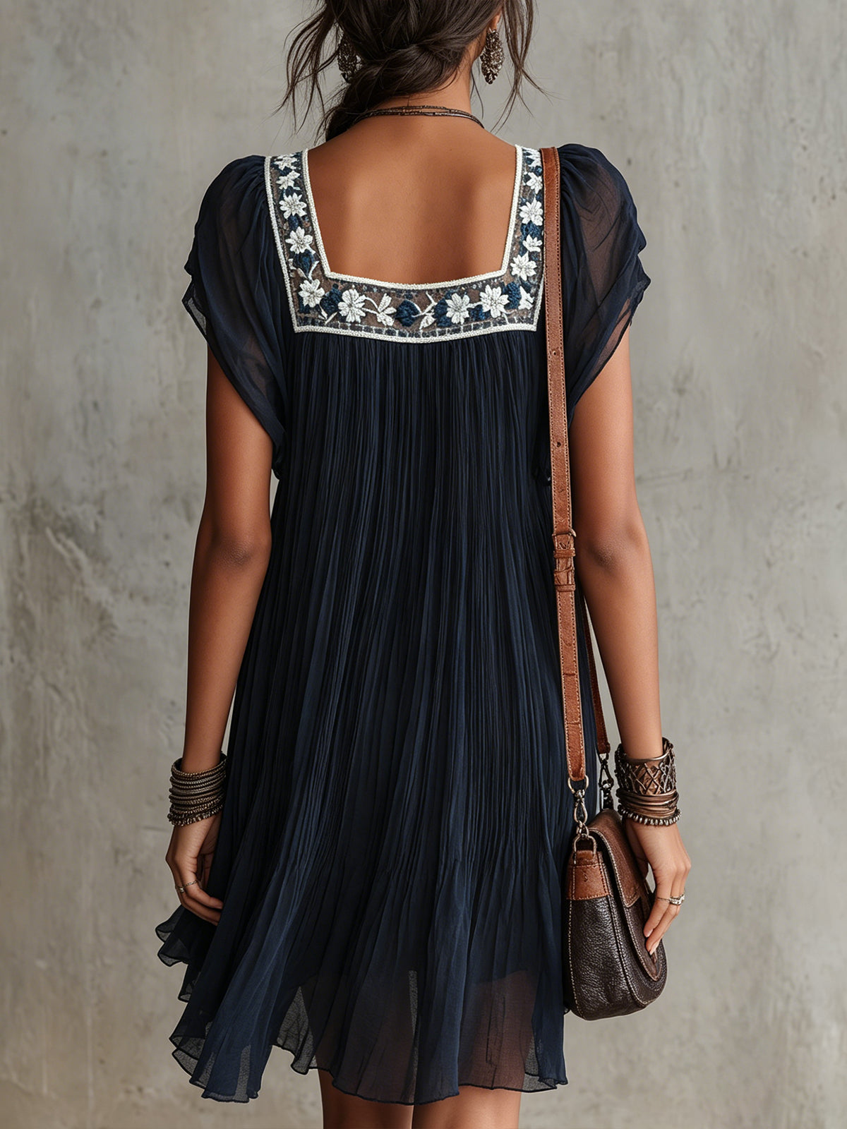 Apolline | Navy Floral-Embroidered Pleated Chiffon Mini Dress