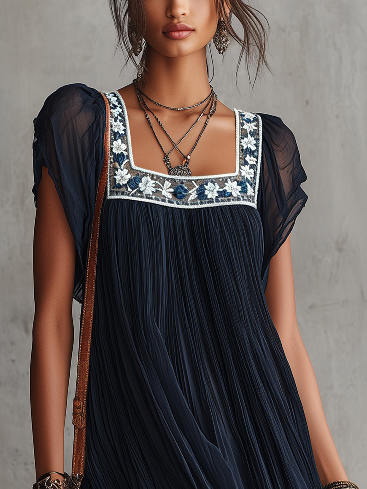 Apolline | Navy Floral-Embroidered Pleated Chiffon Mini Dress