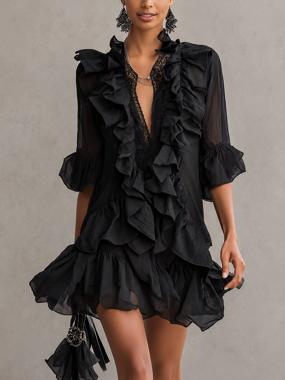 Anaïs | Black Chiffon Ruffle Mini Dress