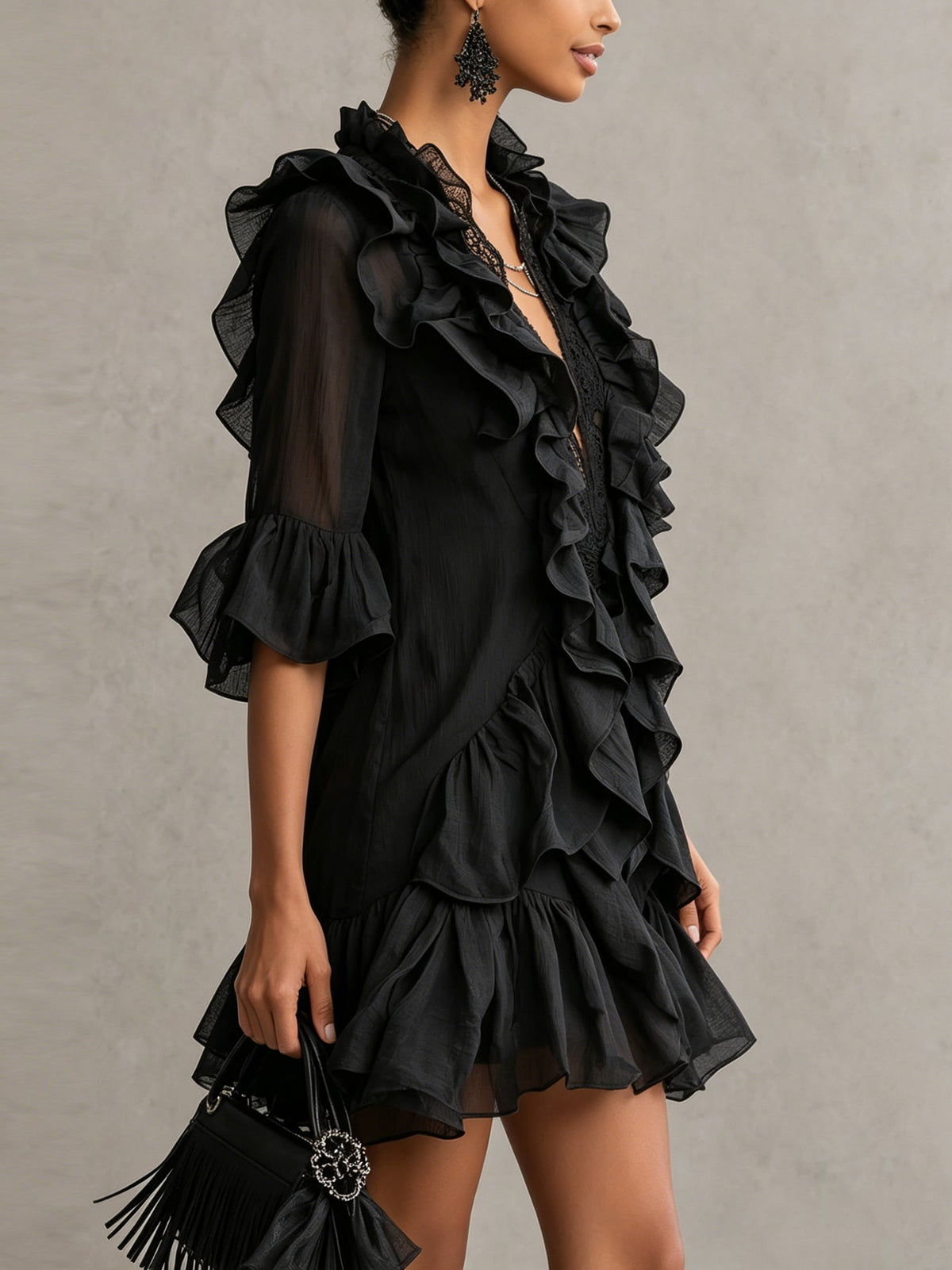 Anaïs | Black Chiffon Ruffle Mini Dress