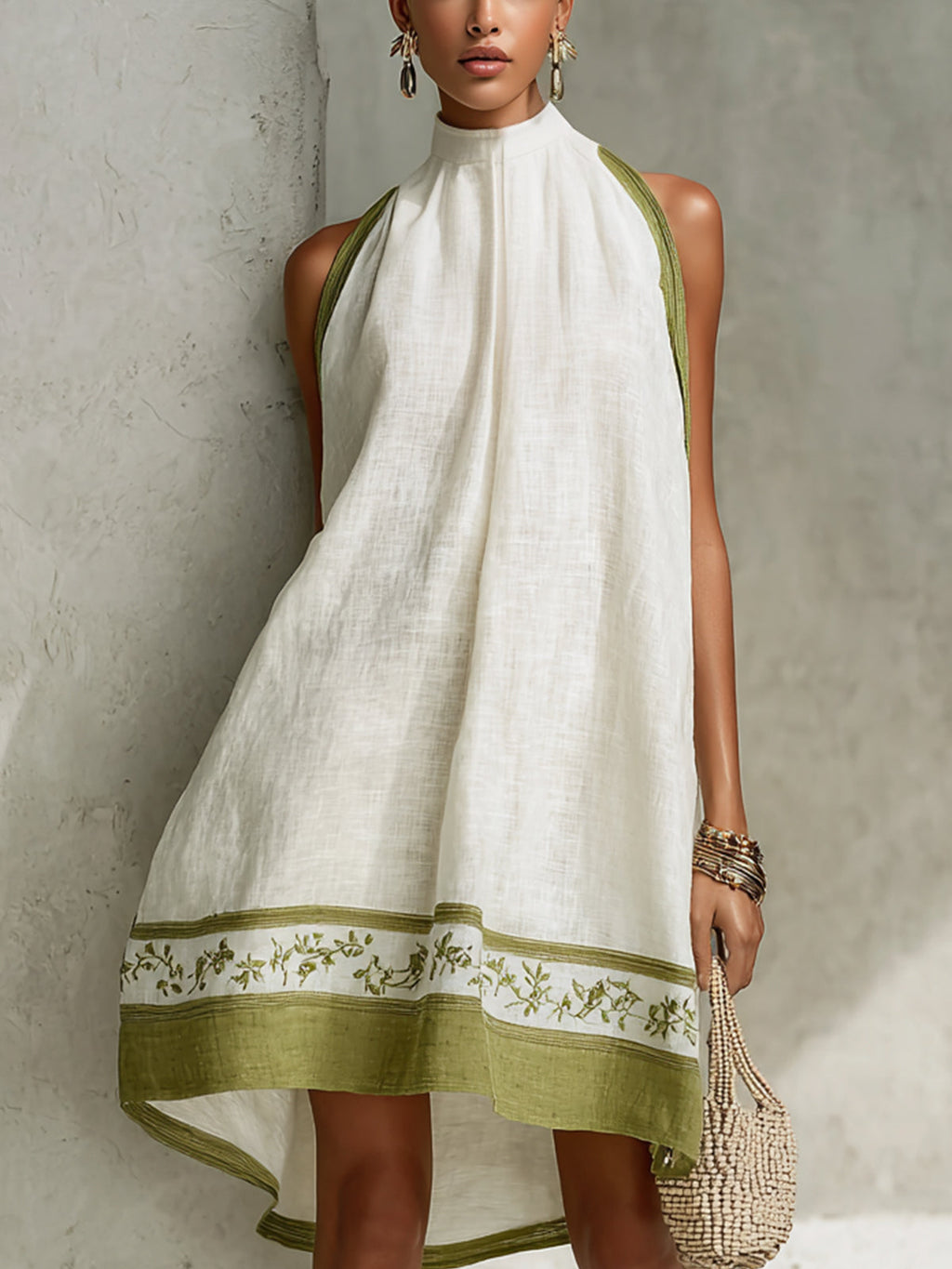 Agathe | White and Olive Floral Sleeveless A-Line Mini Dress