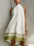 Agathe | White and Olive Floral Sleeveless A-Line Mini Dress