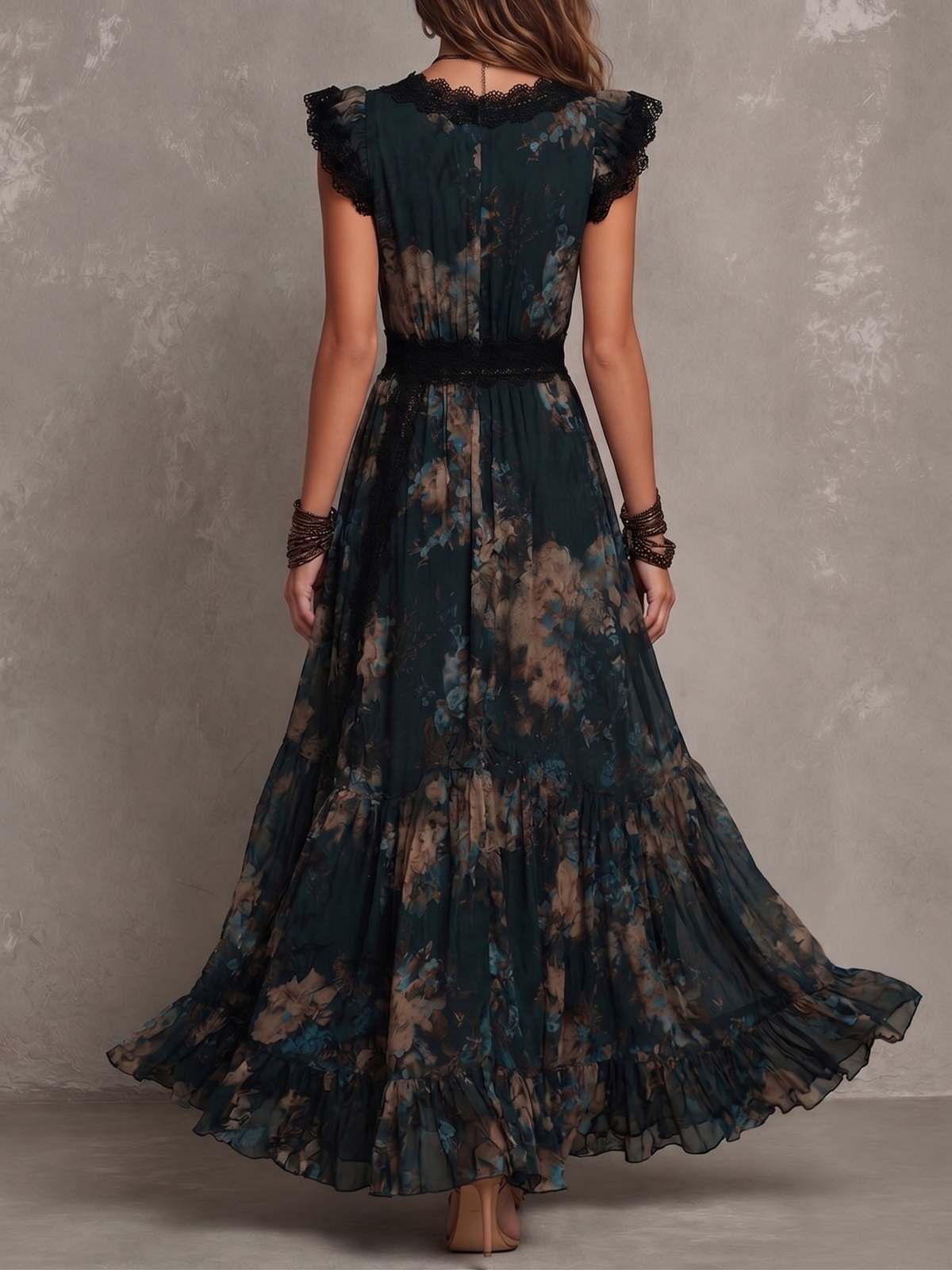 Rosangela | Abito maxi in chiffon vintage verde scuro con pizzo floreale