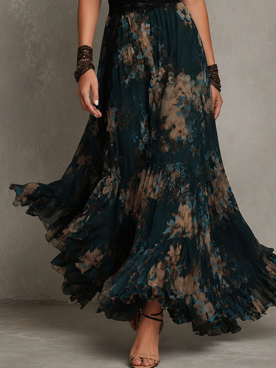 Rosangela | Abito maxi in chiffon vintage verde scuro con pizzo floreale