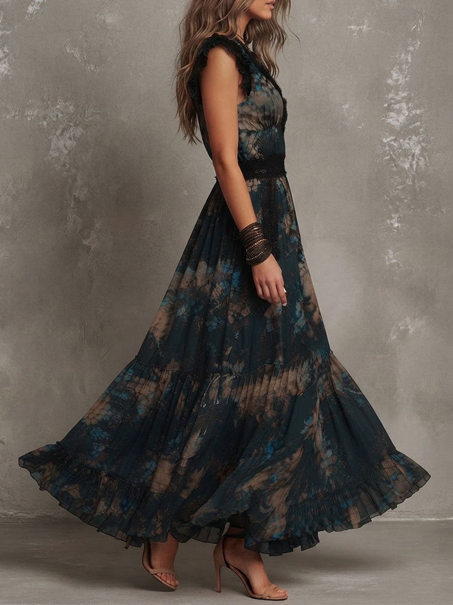 Rosangela | Abito maxi in chiffon vintage verde scuro con pizzo floreale