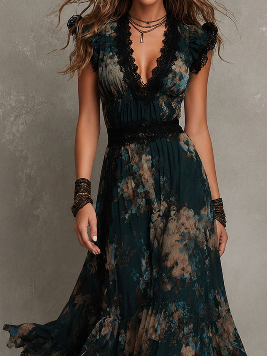Rosangela | Abito maxi in chiffon vintage verde scuro con pizzo floreale