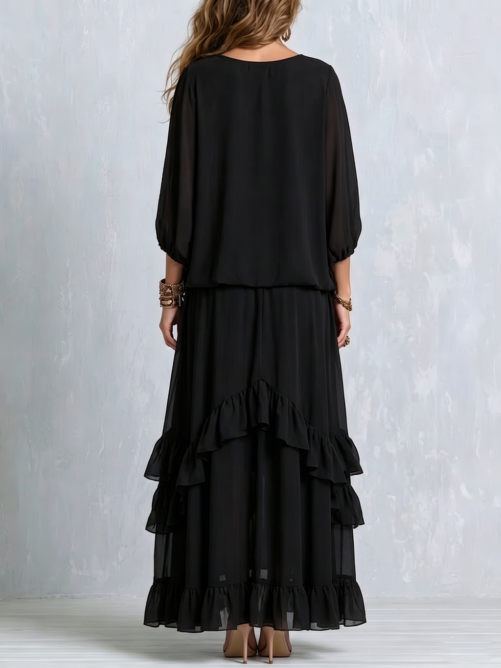 Elvira | Black Chiffon V-Neck Fringe Top and Layered Ruffle Skirt Set