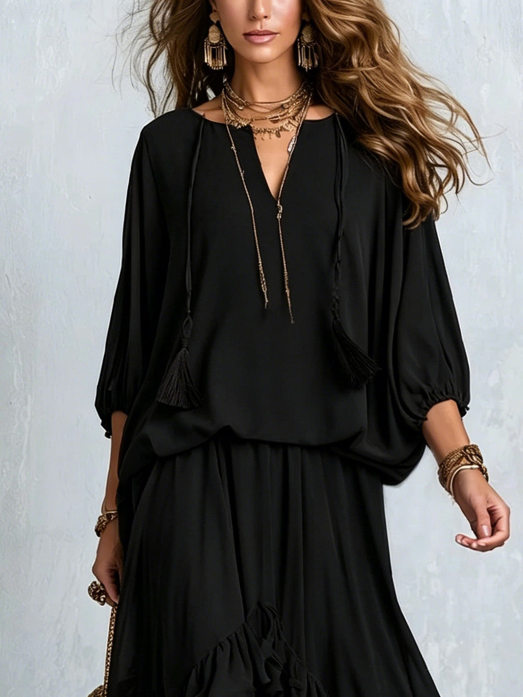 Elvira | Black Chiffon V-Neck Fringe Top and Layered Ruffle Skirt Set