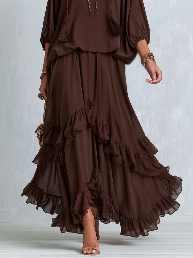 Manuela | Brown Chiffon V-Neck Fringe Top with Layered Ruffle Skirt Set