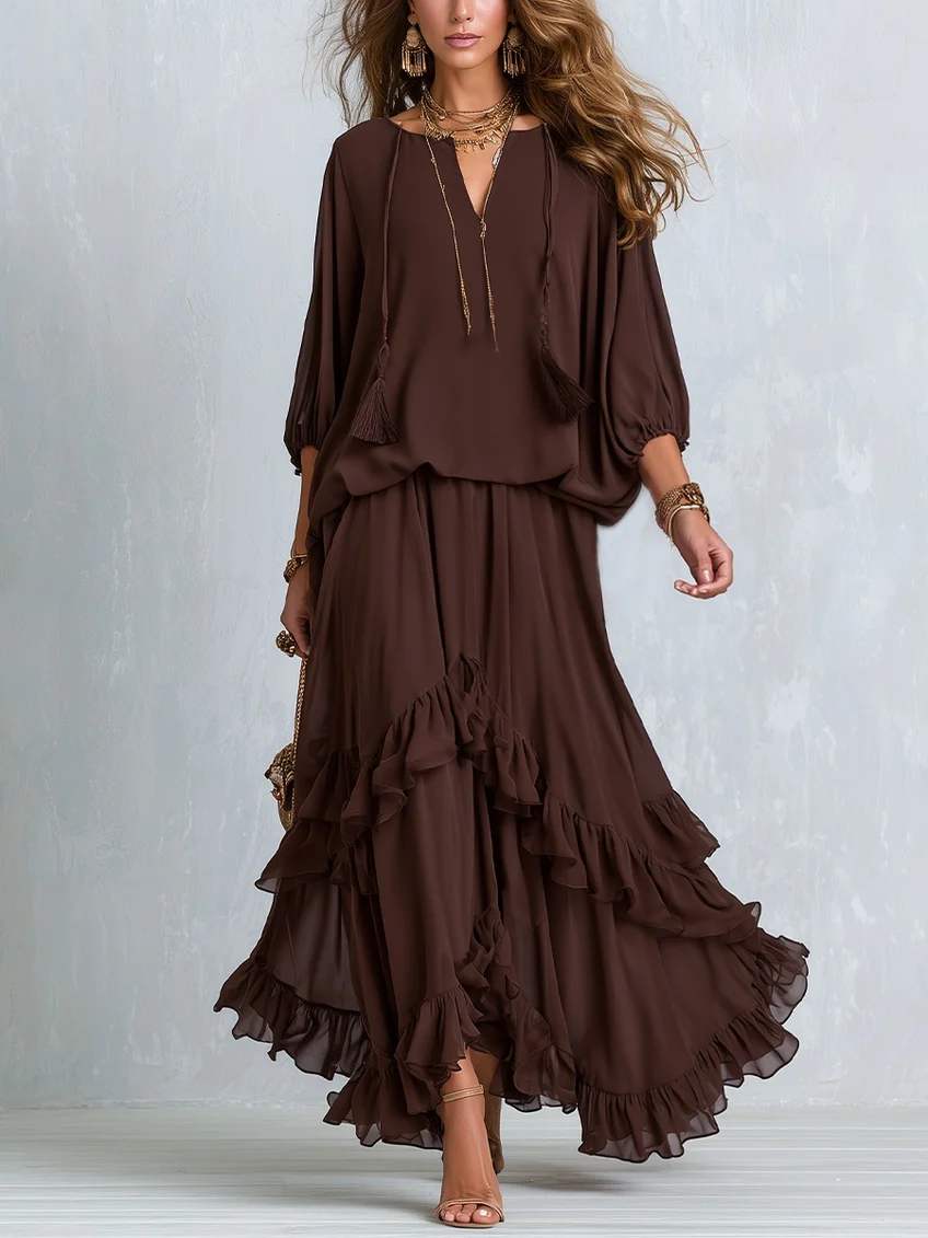 Ondine | Brown Chiffon Fringe Top and Ruffle Skirt Set
