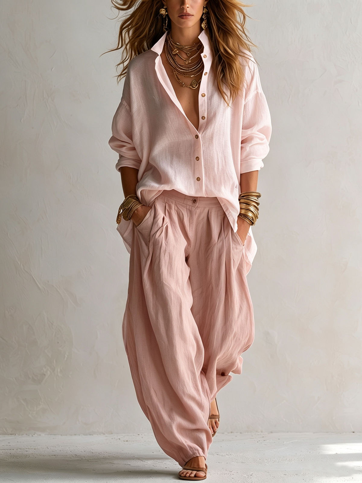Capucine | Conjunto de camisa blanca oversize y pantalón farol verde oliva
