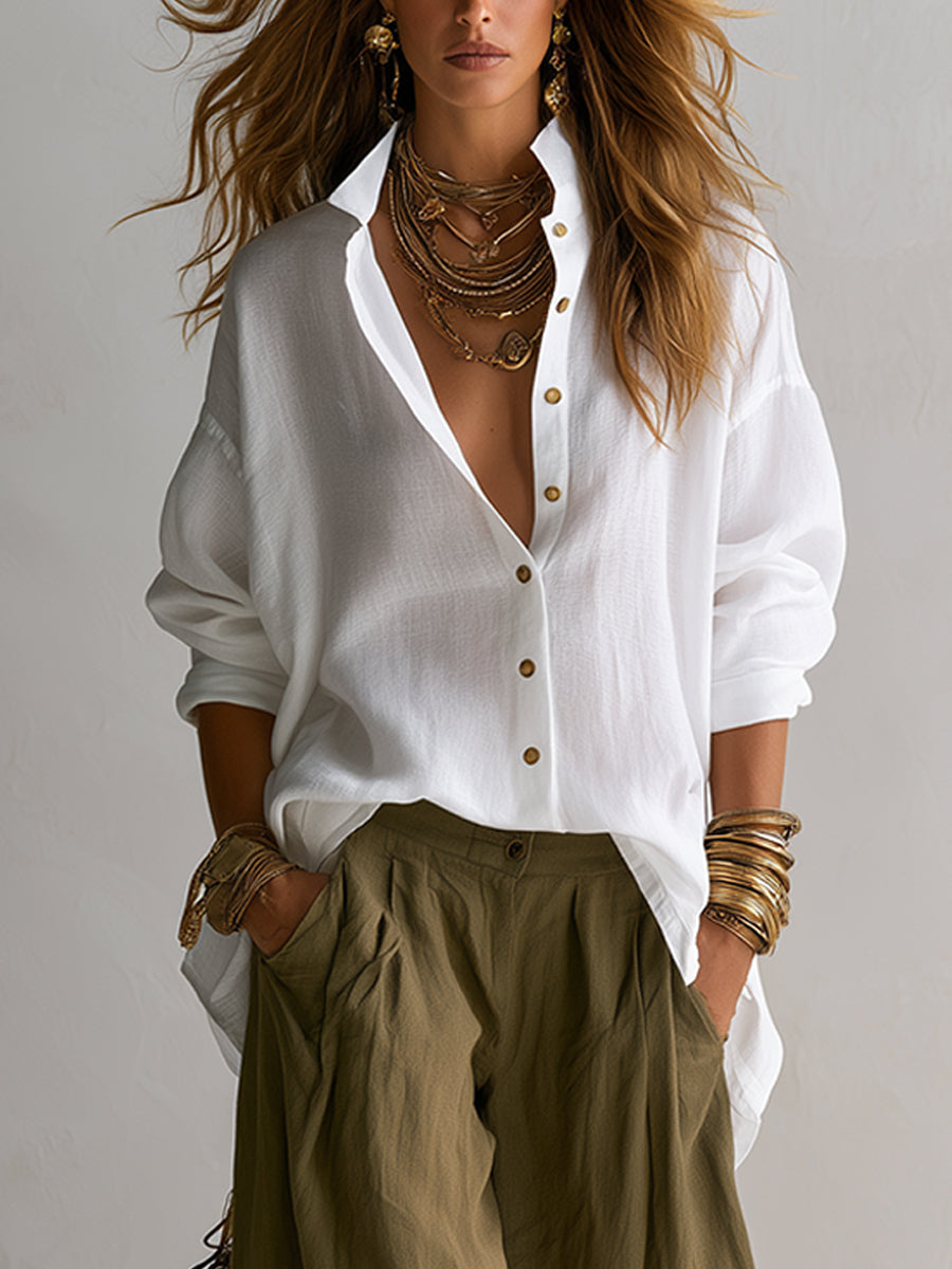 Capucine | Oversized White Shirt and Olive Lantern Trouser Set