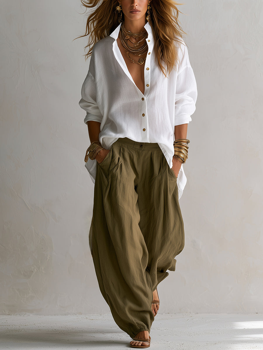 Capucine | Oversized White Shirt and Olive Lantern Trouser Set