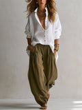 Capucine | Oversized White Shirt and Olive Lantern Trouser Set