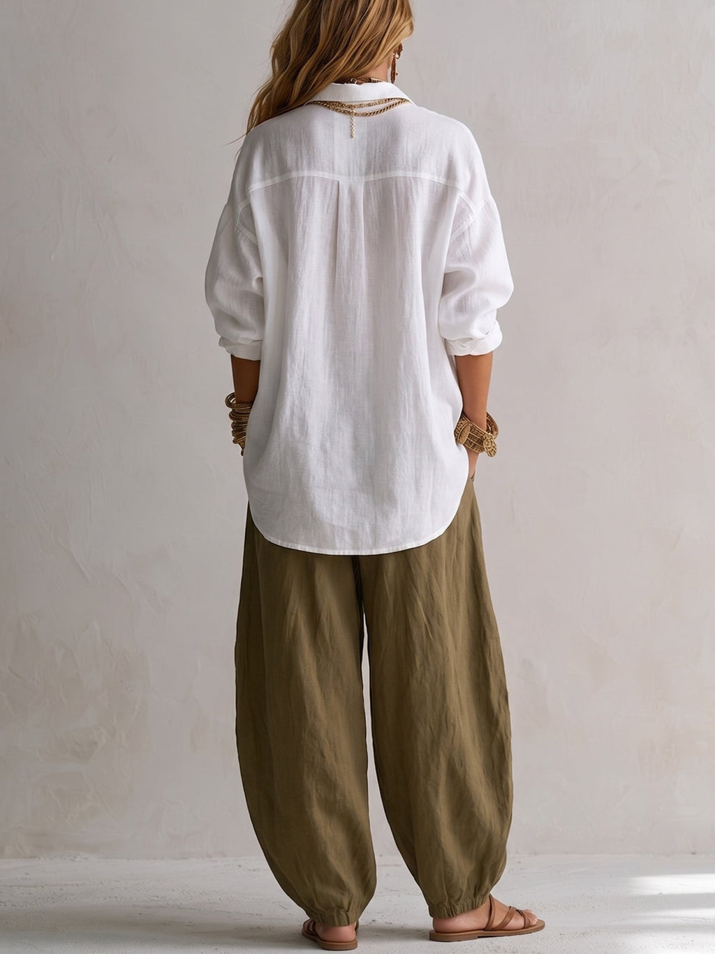 Capucine | Oversized White Shirt and Olive Lantern Trouser Set