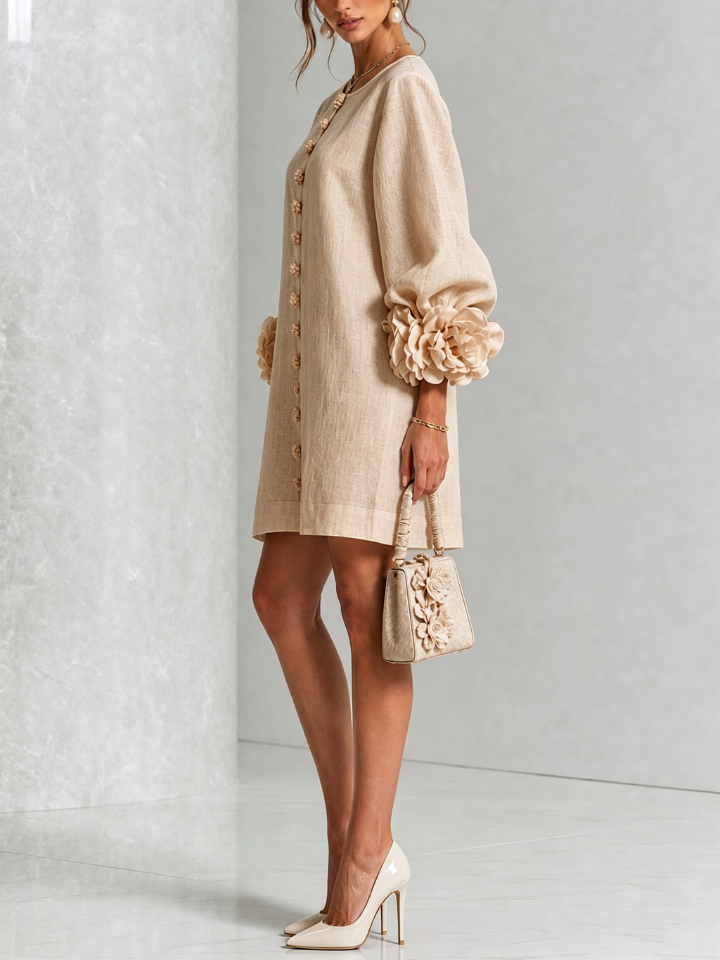 Ambra | Minivestido de mezcla de lino con puños de rosa, beige
