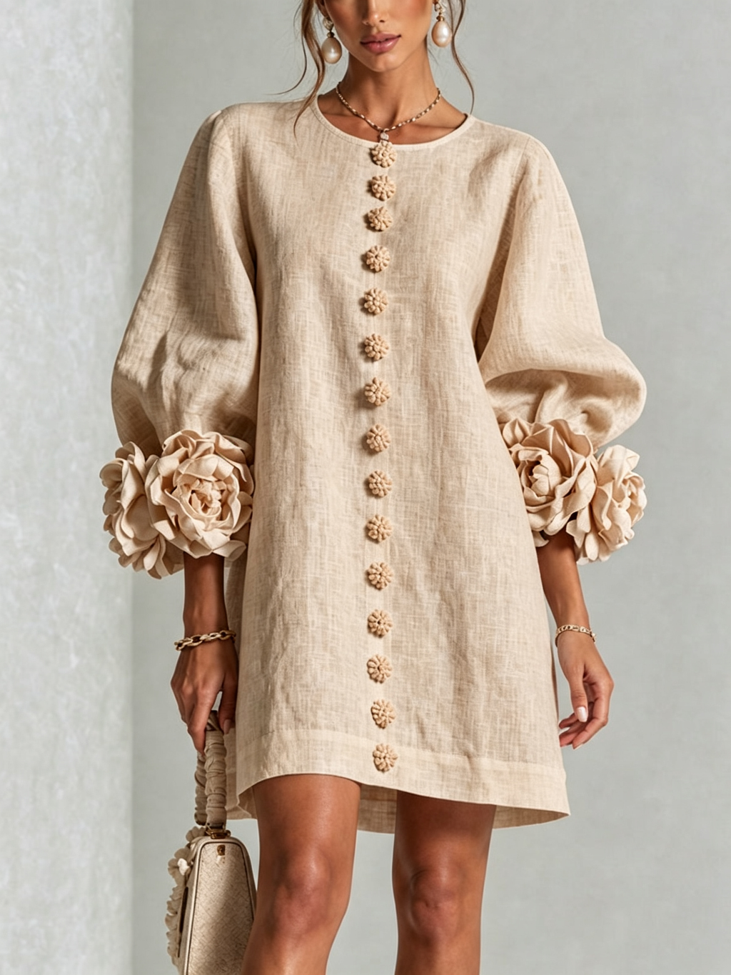 Ambra | Minivestido de mezcla de lino con puños de rosa, beige