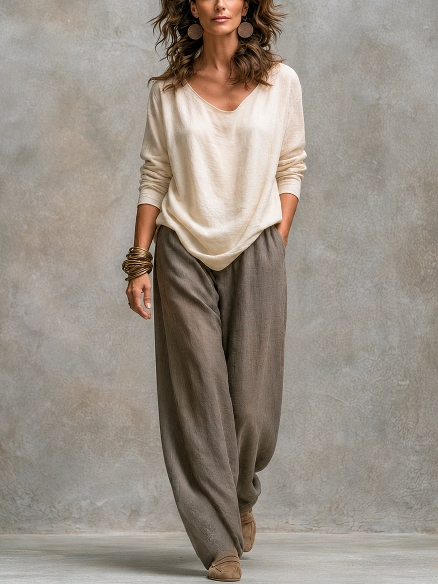 Costanza | Three-Piece Beige and Grey Casual Layered Set with Wide-Leg Palazzo Trousers, Elegant